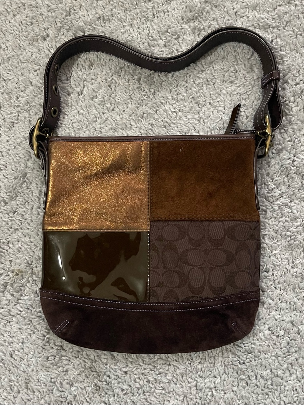 Coach Patchwork Crossbody Shoulder Bag in Brown and Bronze